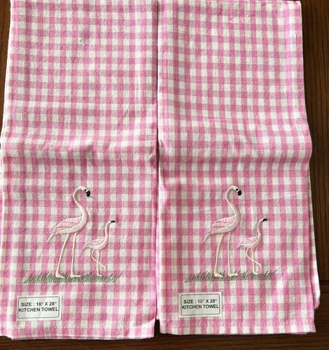 New Kitchen Tea Towels Pink Check w 2 Embroidered Flamingos Design - Picture 1 of 4