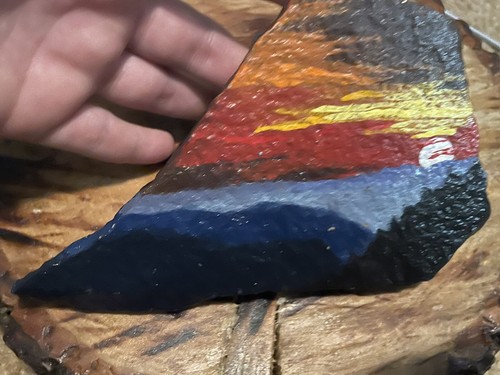 Handgemalter Felsen Stein Miniatur Kunstwerk Berglandschaft Sonnenuntergang Kunst Felsen - Bild 3 von 4