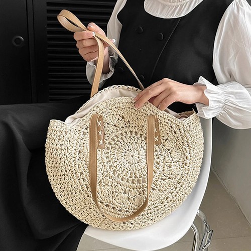 Summer Round Straw Women Vacation Woven Beach Shoulder Bag Simple Tote Bag - Bild 20 von 28