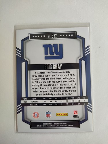 2023 Eric Gray Score Red RC #332 Giants Sooners Rookie  - Picture 2 of 2