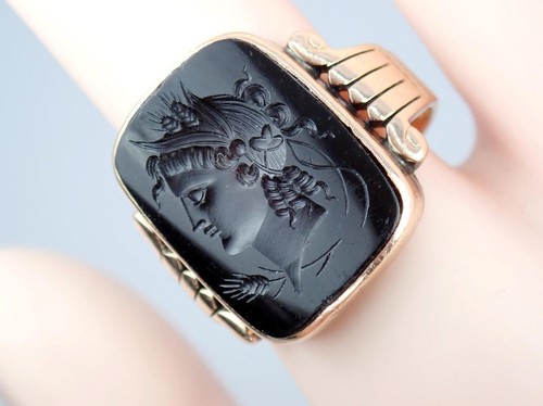 WOW! Antique Georgian Neoclassical 9K Rose Gold Onyx Goddess Intaglio Ring 9.75 - Picture 11 of 16