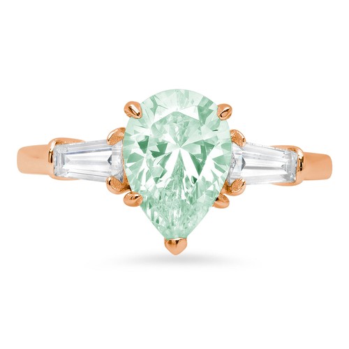Anillo de compromiso de 3 piedras con diamantes verdes simulados talla pera de 2,5 quilates, oro rosa de 14 quilates - Imagen 10 de 11