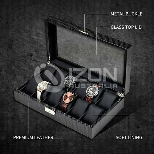 🔥High-Grade 12 Grids Carbon Fiber Watch Box Storage Case Display Organizer Gift - Picture 3 of 9