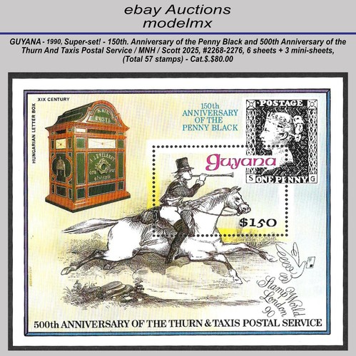 150th Anniv. Penny Black, Super-set Of 9 Sheets, Guyana - 1990, MNH - Cat.$80.00 - Picture 2 of 9