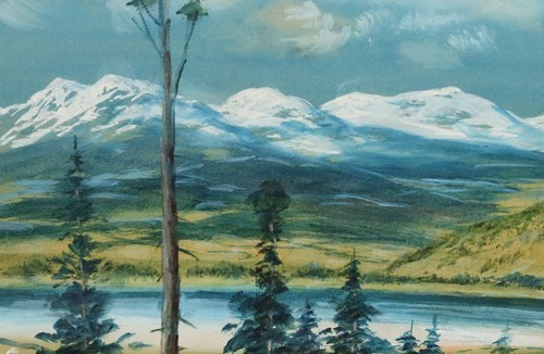 Antique realist gouache painting mountain lake landscape - Picture 5 of 12