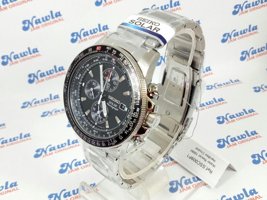 Brand New Seiko Solar SSC009P1 Chronograph Dual Time Black Dial Silver SSC009
