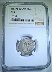 NGC-1657-Spanish-Bolivia-Silver-1-Reales-Antique-Colonial-1600-039-s-Pirate-Cob-Coin