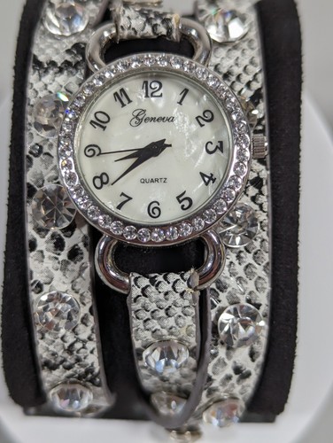 Geneva White Pearlized Dial Silvertone Case Crystal Accent Faux Snake Wrap Watch