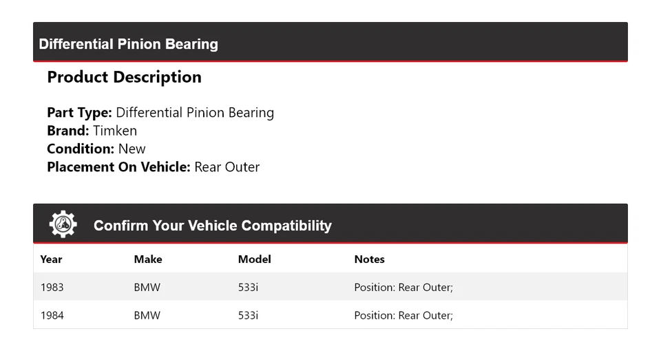 Cojinete de piñón diferencial trasero exterior Timken para BMW 533i 1983-1984 Foto 2 de 4