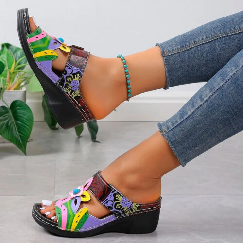 Wedge Slippers 2025 Summer New Tribal Floral Pattern Sandals Hot Platform Print - Picture 5 of 16