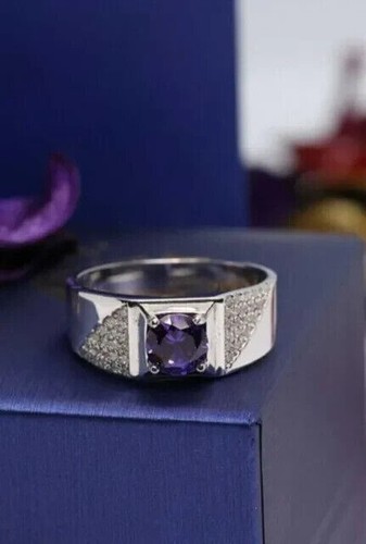 3Ct Round Cut Lab Created Amethyst Men's Wedding Band Ring 14k White Gold Plated - Picture 9 of 10
