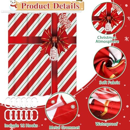Christmas Shower Curtain Merry Shower Curtain for Bathroom Red Xmas Bow Candy  - Bild 4 von 6