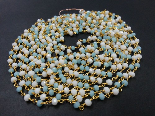 10 Feet Sky Blue Quartz, White Quartz Rondelle Faceted 3-4mm Beads Gold Wire - Picture 4 of 4