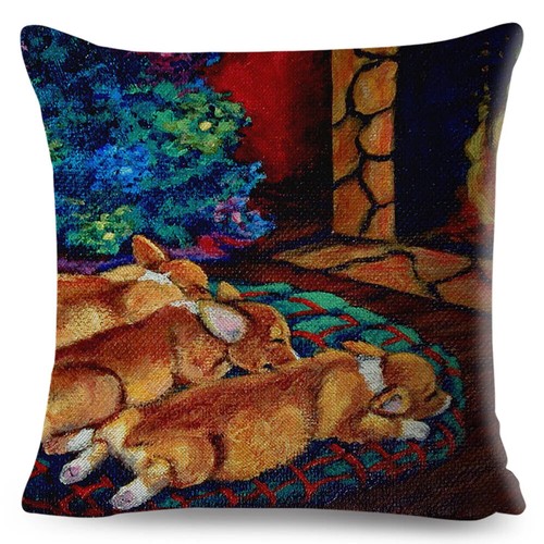 Oil Painting Dog Pillow Case Decor Cartoon Welsh Corgi Pembroke Cushion Cover - Picture 7 of 43