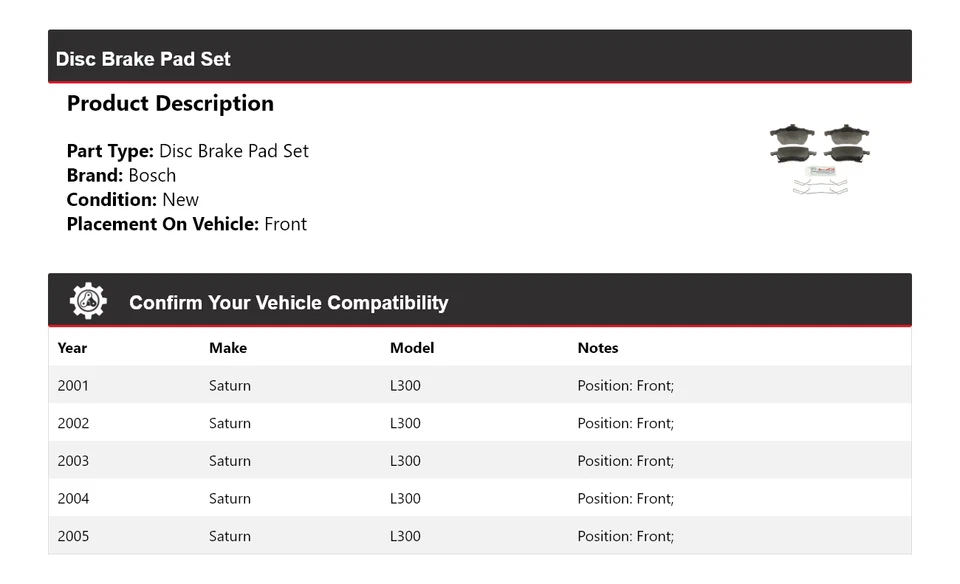 Полуметаллические тормозные колодки с передним жестким диском 2002 для Saturn L300 Bosch 2001-2005 годов выпуска - Изображение 2 из 4