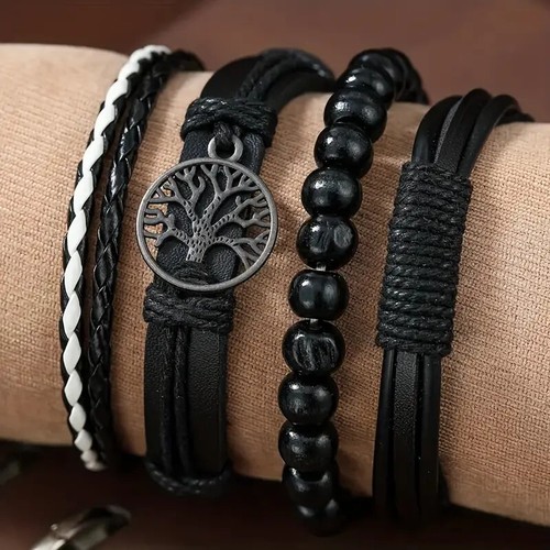 4pcs Woven PU Leather Bracelet Men's Vintage Tree Of Life Wooden Bead Black USA - Picture 2 of 3