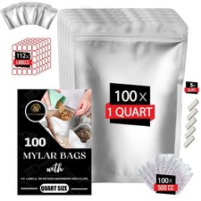 100pcs Quart Mylar Bags with 500cc Oxygen Absorbers-112 Labels & 10 MIL Thick...