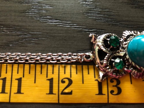 VTG Silver Artsy Owl Pendant Necklace/Turquoise Cabochons/Green Rhinestone Eyes - Picture 8 of 8