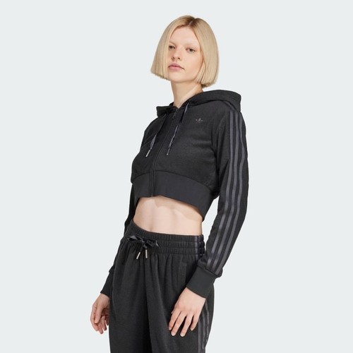 Adidas Cropped Full Zip Hoodie Gray Ribbon Trim Terry womens XL JN3006 NWT - 第 1/19 張圖片