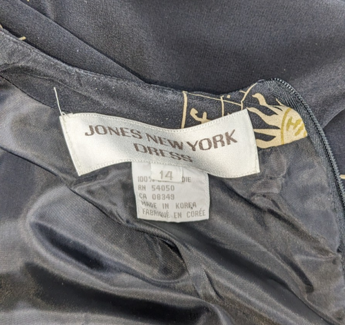 Celestial Silk Dress Jones New York. Black/Gold Sun, Moon 1990s Size 14 Sheath - Picture 7 of 9