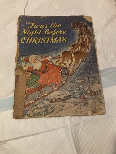 Vintage  1938 Large Twas The Night Before Christmas Linen Book Merrill - Imagen 1 de 14