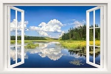 Fake Window Wall Decal - Nature Lake Landscape Faux Window Wall Mural for Home