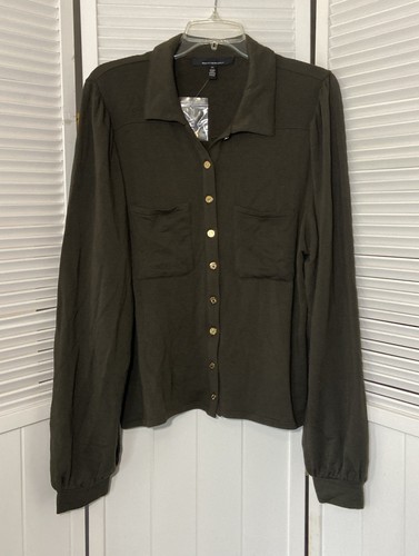 Top Casa Blanca Mercado Negro Mujer XL Verde Ejército Botón Frontal Nuevo con Etiquetas Militar