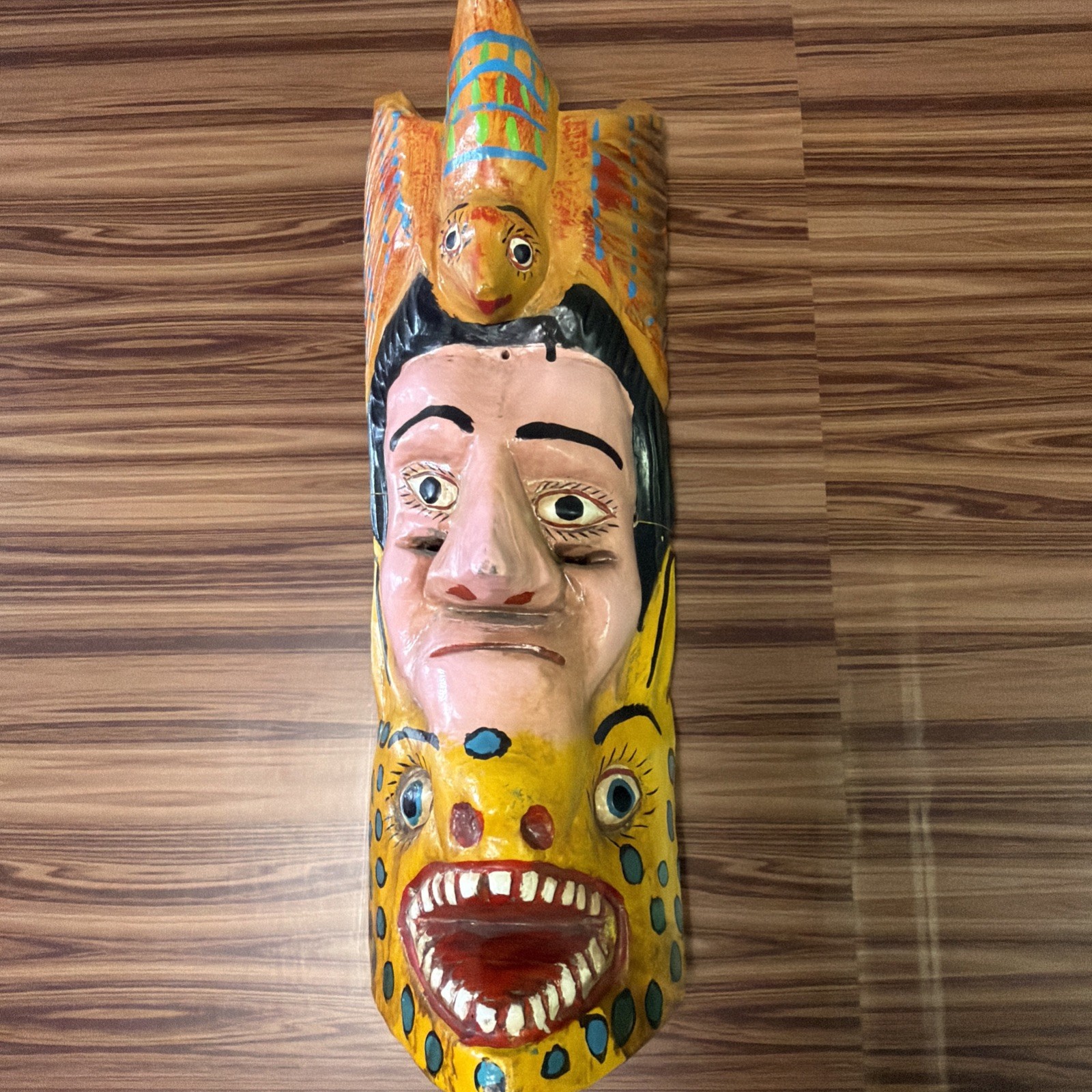 Vintage Mexican Guerrero Folk Art Carved Wood Man W/ Two Animals Dance Mask 30s