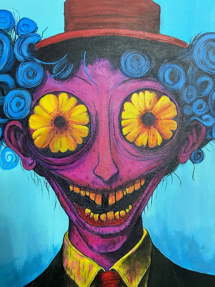 VENDIDO. Pintura Acrílica Surrealista Original 14x20 pulgadas Payaso Espeluznante Retrato Foto 3 de 4
