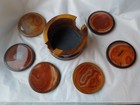 Set Of 6 Agate & Wood Baize Backed 9 cm Coasters With Wooden Holder A/C16