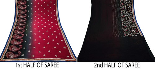 Pre-owned Sari Red & Black Pure Georgette Silk Hand Embroidered Designer Sarees - Picture 23 of 23