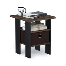 FURINNO ANDREY END TABLE SIDE NIGHT STAND BEDSIDE WITH BIN DRAWER - WALNUT/BROWN