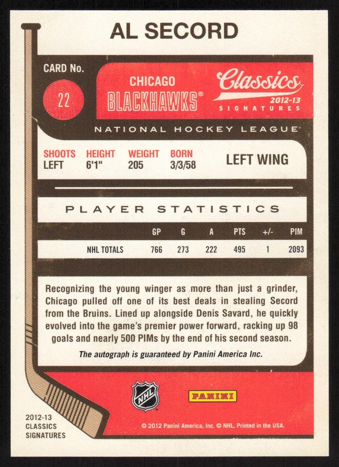 2012-13 Panini Classics Signatures Autographs #22 Al Secord Chicago Blackhawks - Image 2 of 2