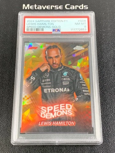 2024 Topps Chrome Sapphire Formula 1 Speed Demons Lewis Hamilton Gold /50 PSA 8