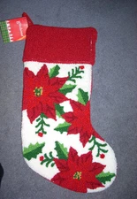 Glitzhome Red Poinsettia  Christmas Hooked Stocking- 18" New With Tag