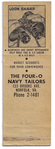 Vintage Matchbook Cover The Four O Navy Tailors Norfolk VA . - Picture 3 of 3