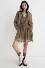 Madewell Olive Green Embroidered Corduroy  Dress Sz Small Boho Pockets Floral