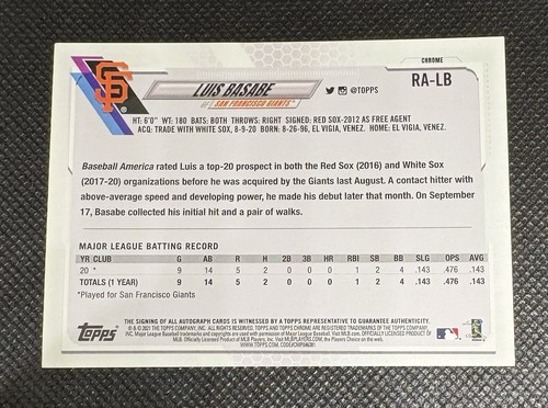 2021 Topps Chrome - Rookie Autographs #RA-LB Luis Basabe RC - Afbeelding 2 van 2