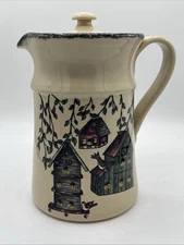 Home and Garden Party Stoneware 8" Pitcher W Lid Bird Houses Microwave Oven Safe