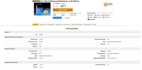 Edmund Optics, Espejo Aluminio Mejorado 10mm x 10mm - Nuevo, Lote de 3 en Paquetes - Imagen 5 de 7