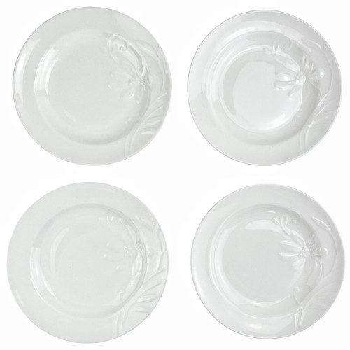 222 Fifth Romance Bread Plates Set 4 All White Embossed Floral Bone China 6.5" - Picture 1 of 15
