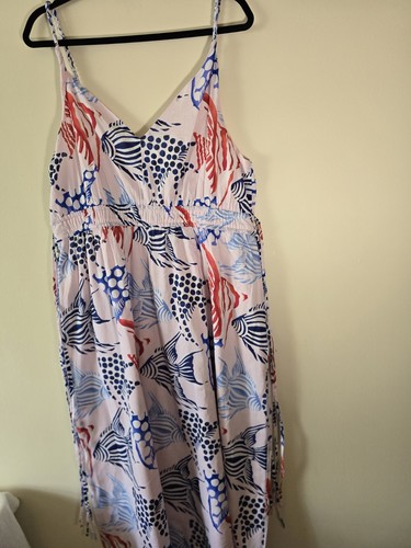 XL Loft Maxi Sundress 100% Cotton Colorful Fish Perfect For Vaca NWT Tie Back - Picture 4 of 10