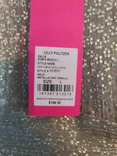 NWT Lilly Pulitzer Faye V-Neck Ruffle Dress Sz  L Gold Metallic  Knit #012970 - Picture 6 of 10