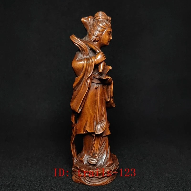 Decoración de estatua de hada de loto bella tallada a mano de boj chino antiguo de 5,7 pulgadas Foto 3 de 4