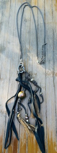 Auténtico collar de borlas de perlas Chan Luu - cordón de plata de ley/cuero - Imagen 1 de 5