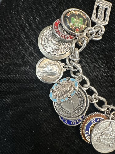 Vintage Sterling Silver Charm Bracelet Travel Religious Chunky 21 Charms 58.2 Gr - Picture 7 of 13