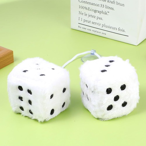Fuzzy Plush Dice for Car Mirror 2.36” Pair of Retro Square Decoration White  - Picture 6 of 8