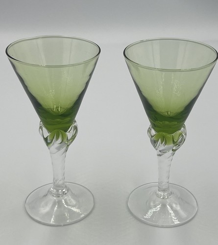 Vintage 2er Set Empoli mundgeblasen grün Kunstglas Wirbel Stiel Cocktail Cordials