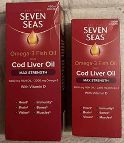 2 Seven Seas Lebertran & Omega-3 mit Vitamin D, maximale Stärke, 450ml & 300ml