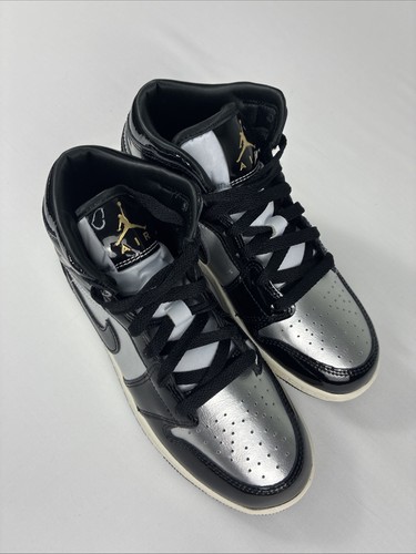 Air Jordan 1 Mid Retro Patent Leather Shoes Black Metallic Silver Youth 5.5Y New - Picture 24 of 24